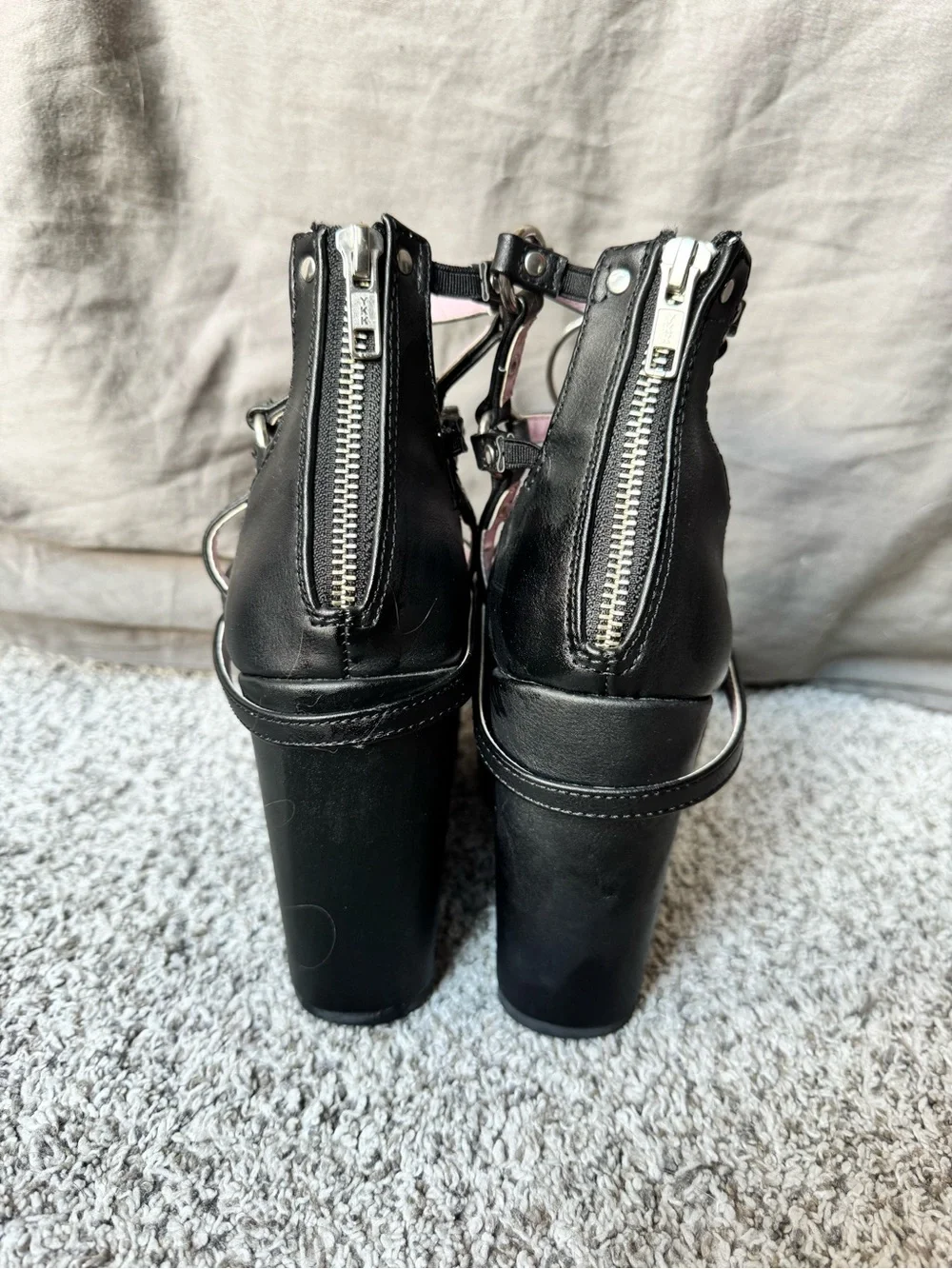 Demonia Black Platform Strappy Heels with Pink Insole & Silver Pentagram Charms